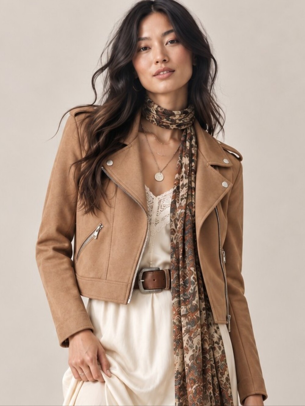STEVE MADDEN CAMEL FAUX SUEDE MOTO BIKER JACKET LARGE